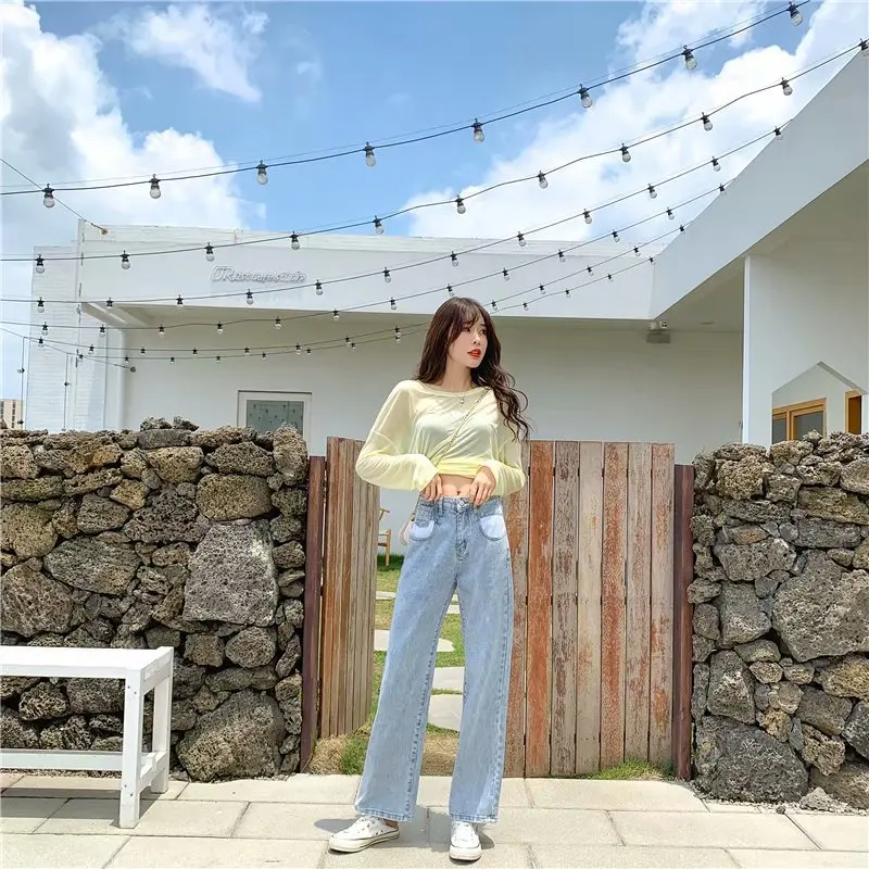 Женские джинсы с высокой талией, повседневные, тянущиеся, Осенние, джинсовые, свободные, женские, тонкие, эластичные, прямые, весенние, женские брюки