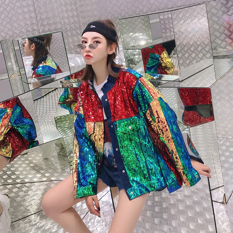Новинка 2019 года цвет радуги Плотная джинсовая куртка с блестками для работы