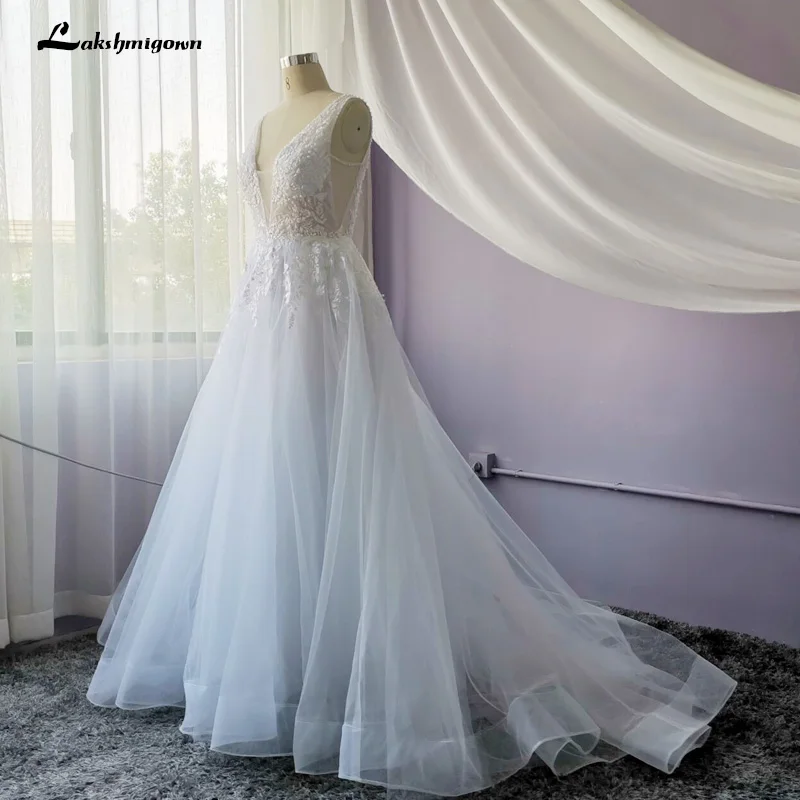 Lakshmigown иллюзия V шеи Кружева пляжные свадебные платья аппликации бисером Танк суд поезд Свадебные платья размера плюс