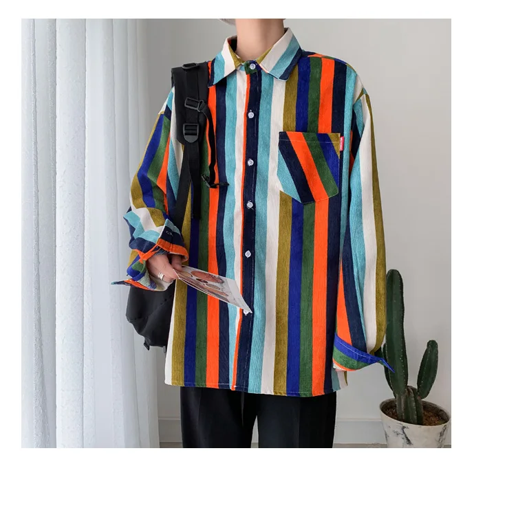 Осенне-зимняя высококачественная корейская модная Вельветовая мужская Свободная рубашка в радужную полоску на пуговицах с длинными рукавами