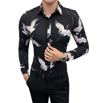

2018 Spring Autumn New Social Men's Long-sleeved Floral Shirt Slim Casual Fashion Personality Wild Temperament British Style