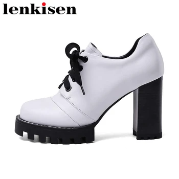 

Lenkisen 2020 hot large size high fashion genuine leather round toe super high heels waterproof beauty lady lace up pumps L1f2