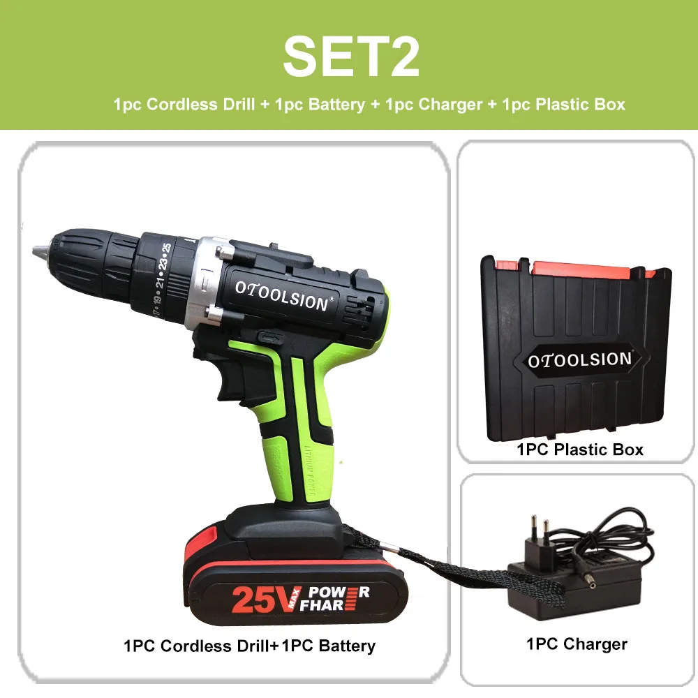 SET2 (1pc battery) 1500 мА/ч, алюминиевая крышка, 25В отвертка Ударная дрель Мощность инструменты, ударная дрель беспроводная ударная дрель Мощность инструмент Аксессуары+ ящик для инструментов - Цвет: SET2 (1pc battery)