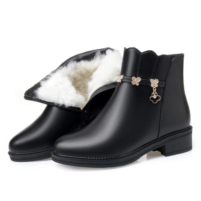 GKTINOO Genuine Leather Ankle Boots Warm Wool Snow Boots Women Square Heel Ladies High Quality Winter Boots Fashion Shoes - Цвет: 8893 black wool