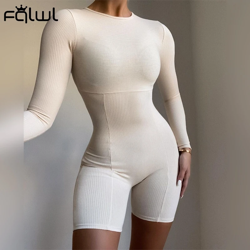 FQLWL Long Sleeve Rompers Womens Jumpsuit Female One Piece Outfit Ribbed Black White Short Bodycon Jumpsuit Women Playsuit 2021