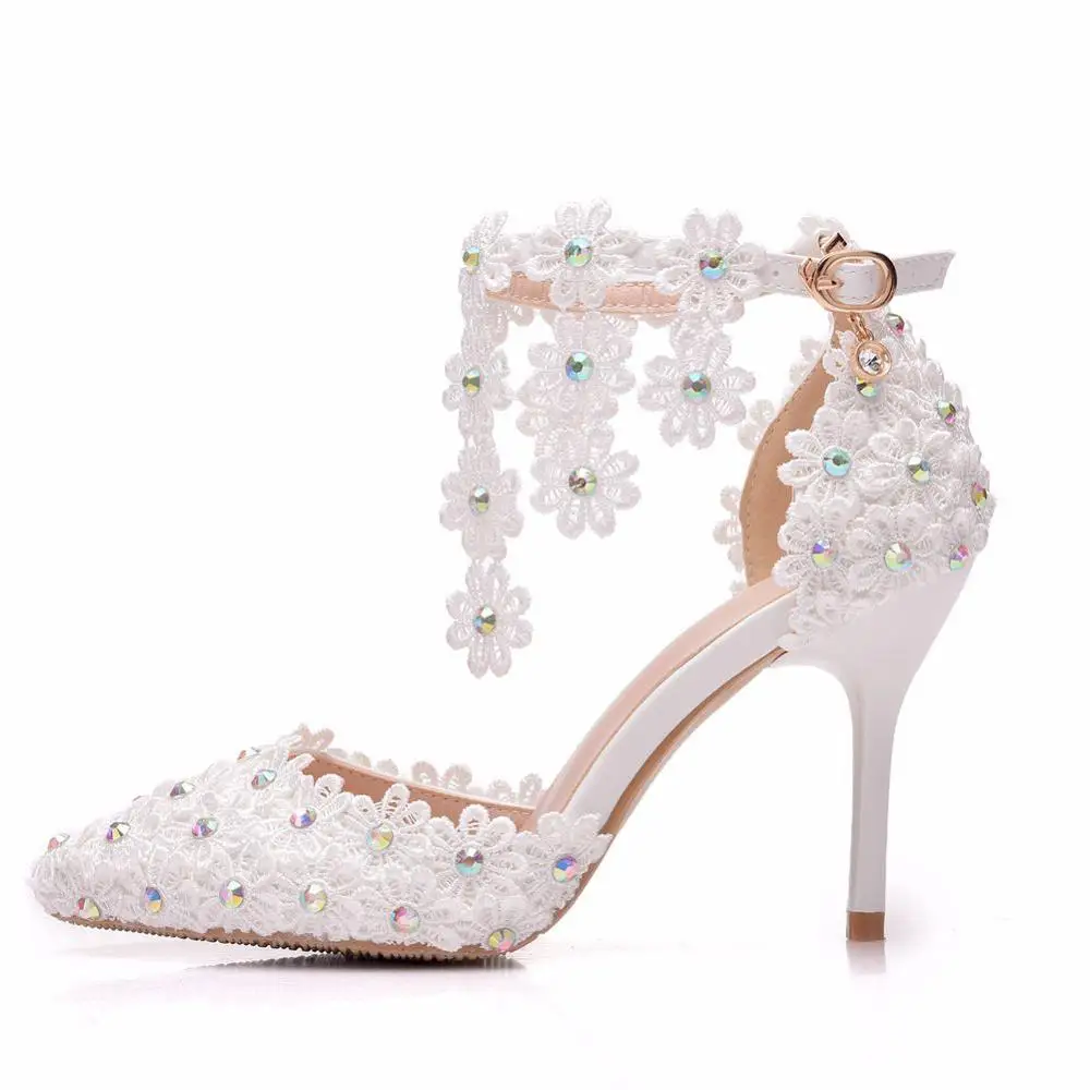 

Crystal Queen Wedding Shoes Female White Drill Rhinestone Ankle Strap Sandals Stiletto Pointed Bridal High Heels