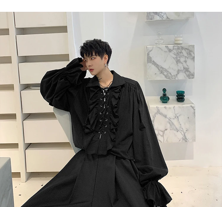 Men autumn Flounce drawstring design vintage shirt male black white gothic retro punk long sleeve shirts ropa hombre elegante