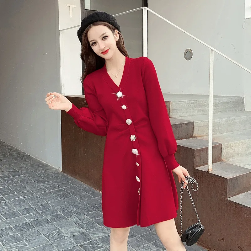 

Elegant Elegant V-neck Base Skirt Korean-style Cool Button Slim Fit Underwear Black Dress Dress 2019 Women's Autumn And Winter