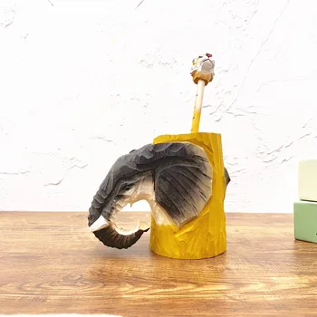 

Craft Decoration Office Storage Solid Wood Carving Personality Creative Elephant Pen Holder Desktop Stationery