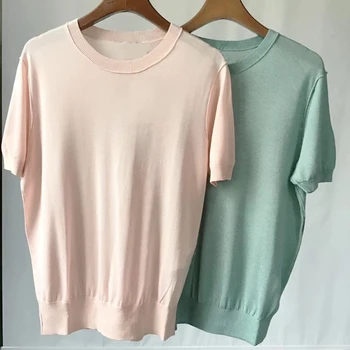 

Women knitted sweater Solid color O-neck short sleeve silk knitted bottoming sweater Super comfortable and soft