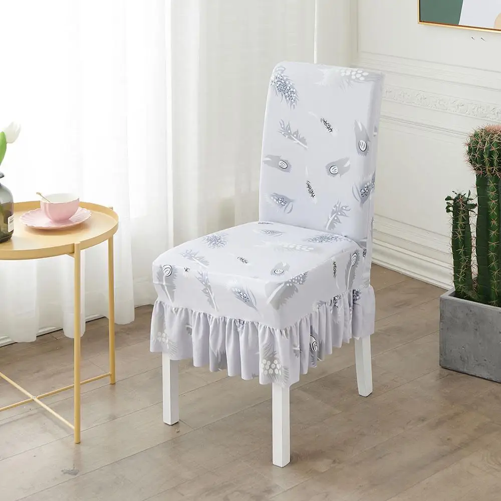 Набивной рисунок гофрированные длинные юбки стрейч чехлы на обеденные стулья, моющиеся чехлы на мебель для гостиной, кухни, вечерние - Color: Light Grey