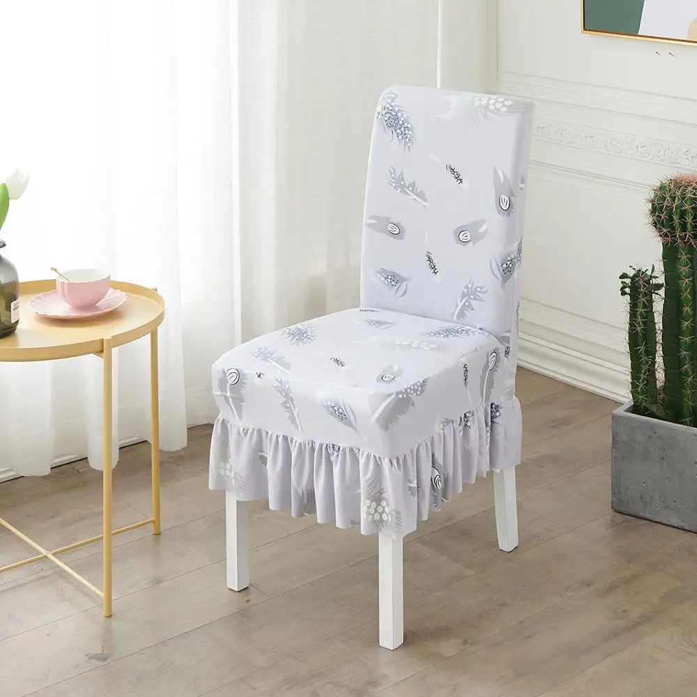 Light Grey Набивной рисунок гофрированные длинные юбки стрейч чехлы на обеденные стулья, моющиеся чехлы на мебель для гостиной, кухни, вечерние - Color: Light Grey
