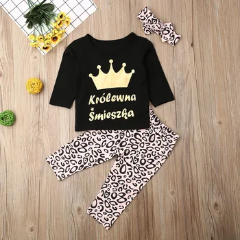 

Pudcoco Newborn Baby Girl Clothes Long Sleeve An Crown Print T-Shirt Tops Leopard Print Long Pants Headband 3Pcs Outfits Clothes