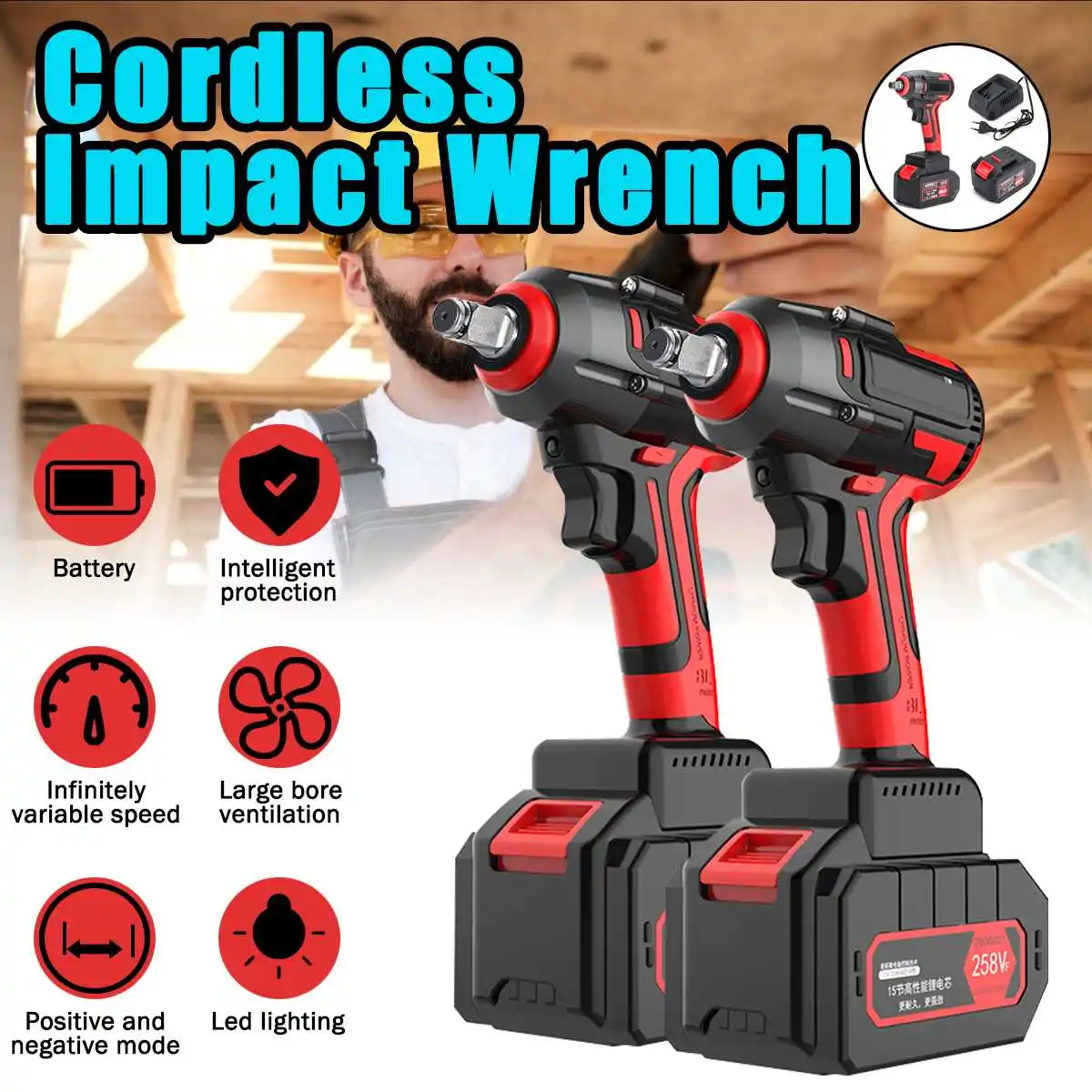 

doersupp Cordless Electric Wrench Brushless Impact Wrench 380Nm Torque 1/2" Drill Waterproof with LED Working Light Home DIY