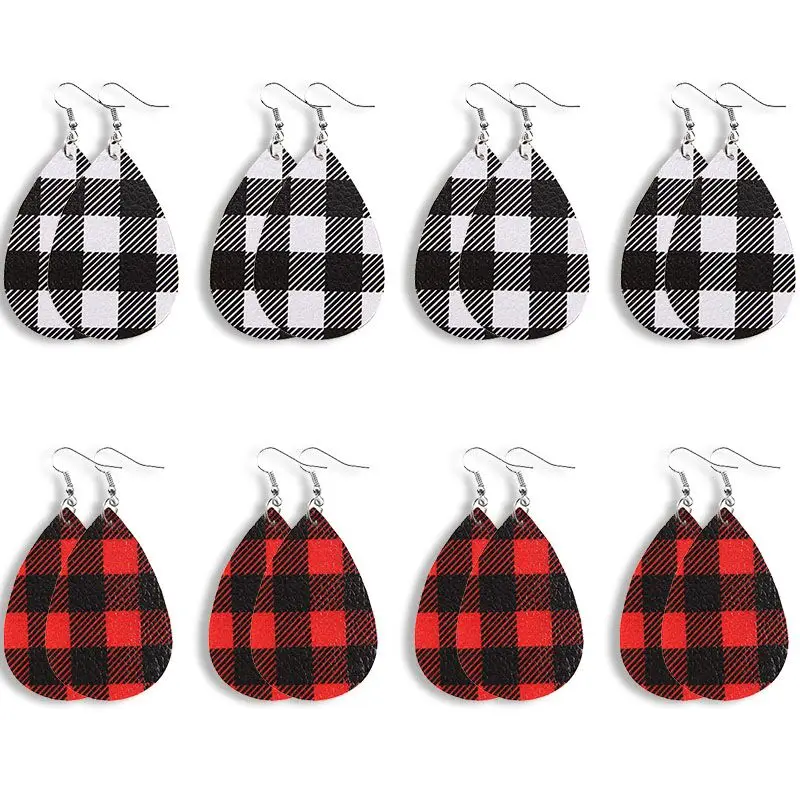 8 пар женских кожаных сережек Buffalo Plaid Brincos красный и черный капли воды Серьги Каплевидные модные кожаные серьги - Окраска металла: red black 8 pairs