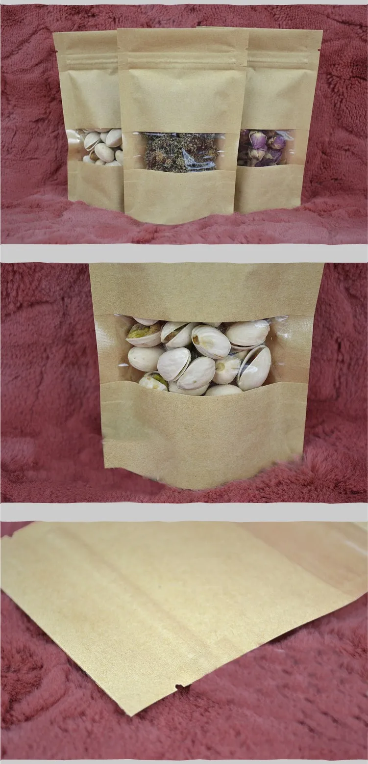 Резервный пакет из крафт-бумаги с окном и молнией для еды 14x20x4 см 100 шт