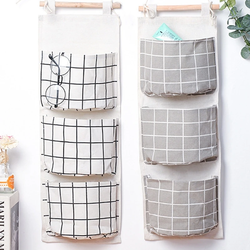

2 Pieces Multifunctional Linen Cotton Wall Storage 3 Pockets On-Door Finishing Organizers Suitable For Room Bathroom Dormitory