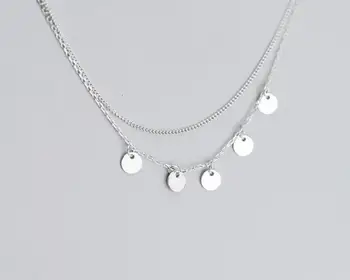 

real 100% 925 Sterling Silver Fine Jewelry TWO-ROWS/ Double layers round Disc Coin Pendant Statement station Necklace GTLX2023