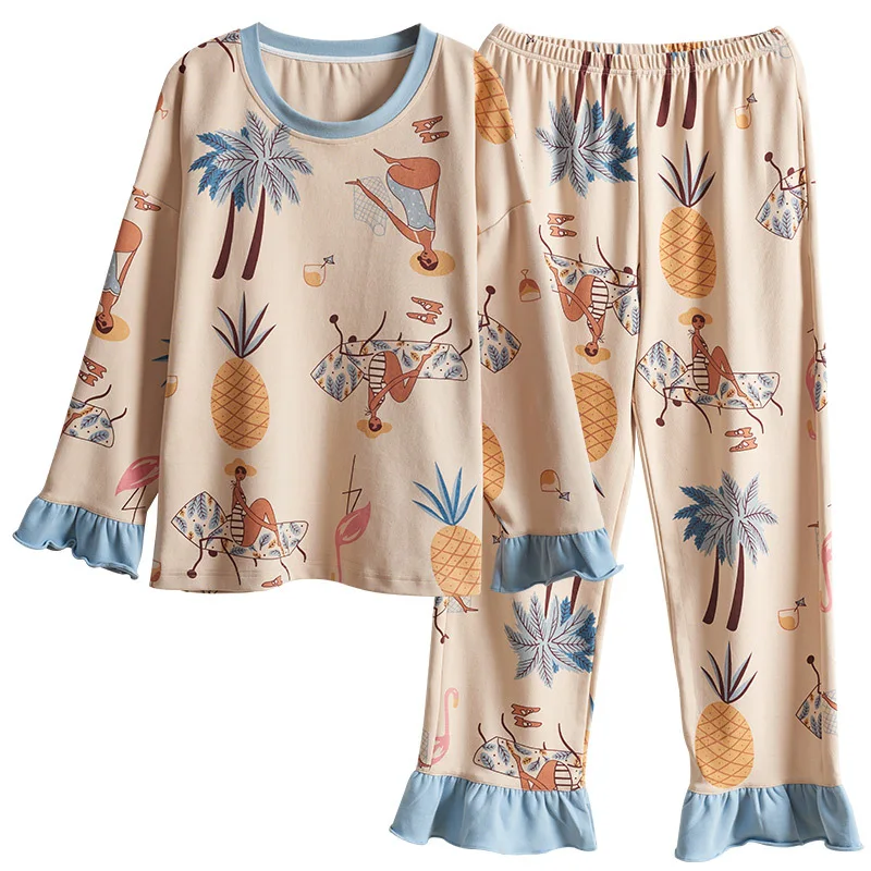 Осенне-зимние женские пижамные комплекты с принтом, модные милые женские хлопковые комплекты из двух предметов, рубашки+ штаны, ночные рубашки размера плюс, одежда для сна