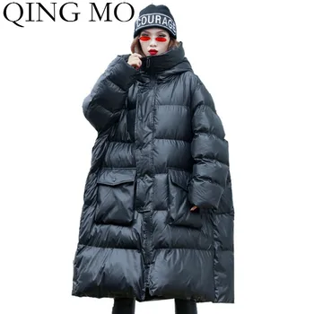 

QING MO Black Winter Women Plaid Coat 2019 Woman Thick Warm Cotton Padded Coat With Large Pockets High Quality ZQY1931
