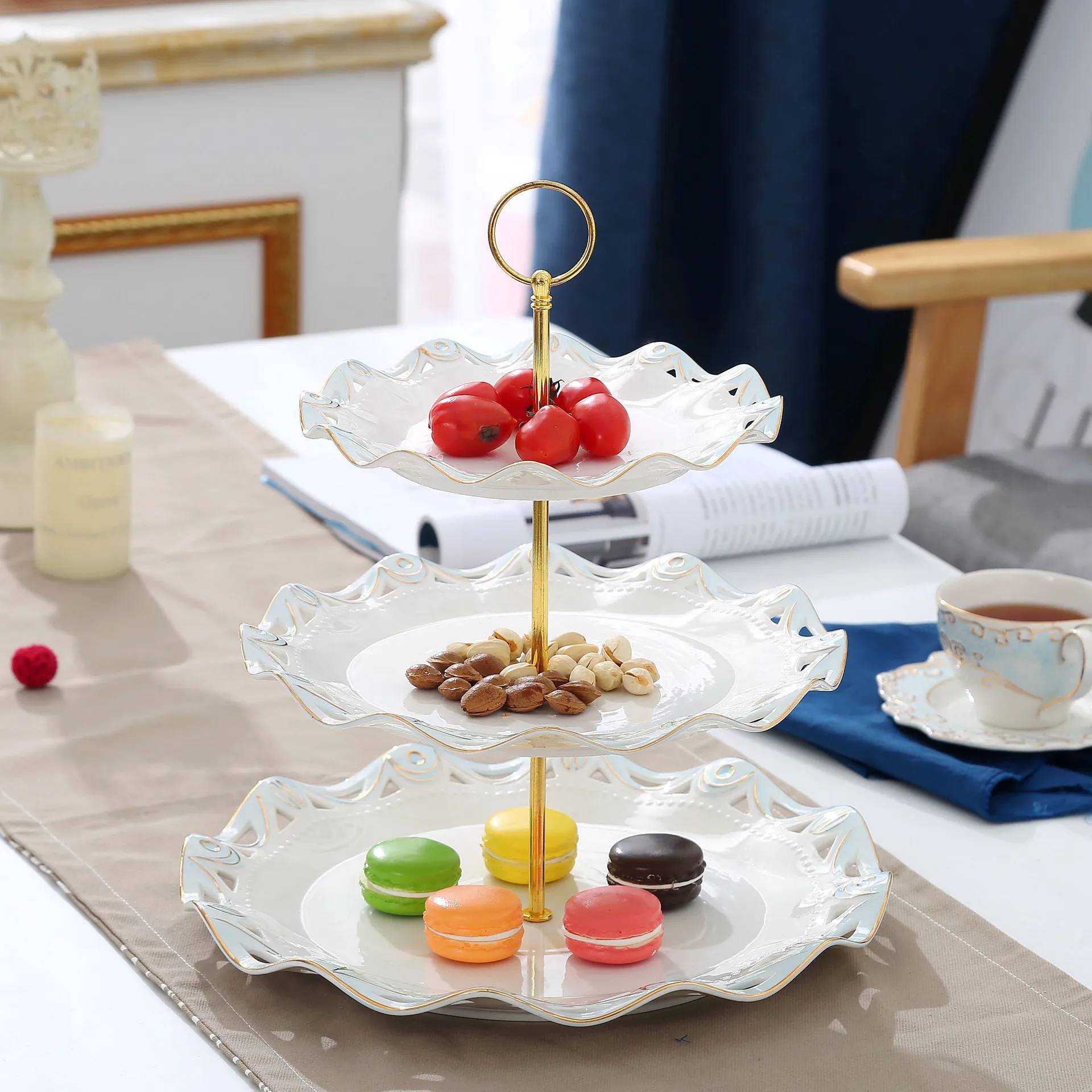 

Modern Ceramic Three Layer Fruit Plate European Style Three Layer Cake Stand Dried Fruit Tray Afternoon Tea Snacks Tray Manufact
