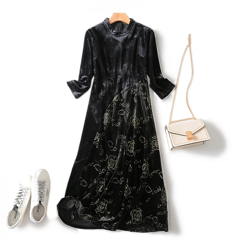 2019 осень и зима новое Золотое бархатное роскошное Платье с принтом выше колена