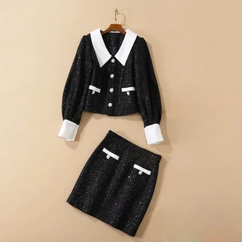 

High-quality latest 2020 designer runway women's Turn-down Collar Long sleeve striped top skirt Woolen cloth set