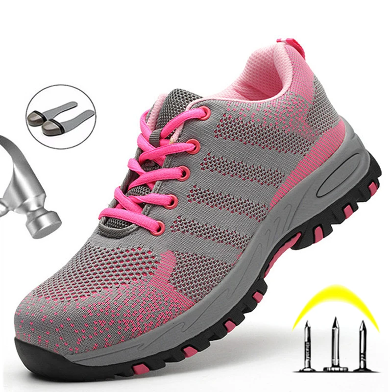 Pink Women Safety Shoes Steel Toe Outdoor Safety Work Boots Mesh Anti-smashing Construction Work Sneaker Female Safety Work Shoe 2
