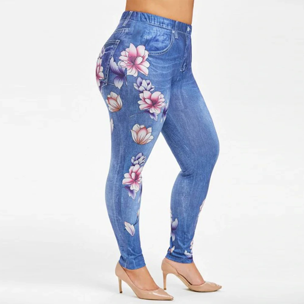 Imitation Denim Pants Women Large Size Flower Print Skinny Jeans for Woman Fashion Lady Mid Waist Jean Pencil Trousers D30