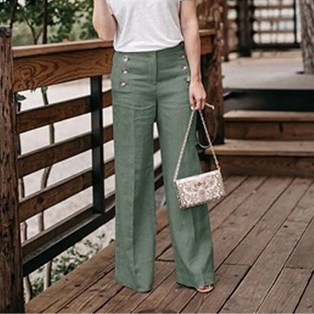 Com cinto Botões na frente Paper Bag Pants Simples ocasional elegante Boho  Calça Feminina