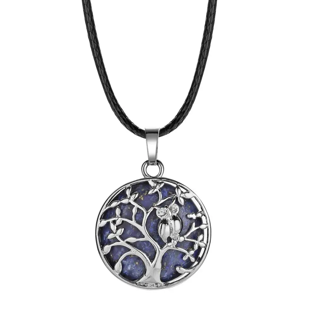 Lapis Lazuli ASHMITA серебряный кулон жизнь дерева маленькая Сова эфирные масла диффузор круглый камень ожерелье медальон для женщин Кристалл Чакра Ювелирные изделия - Окраска металла: Lapis Lazuli