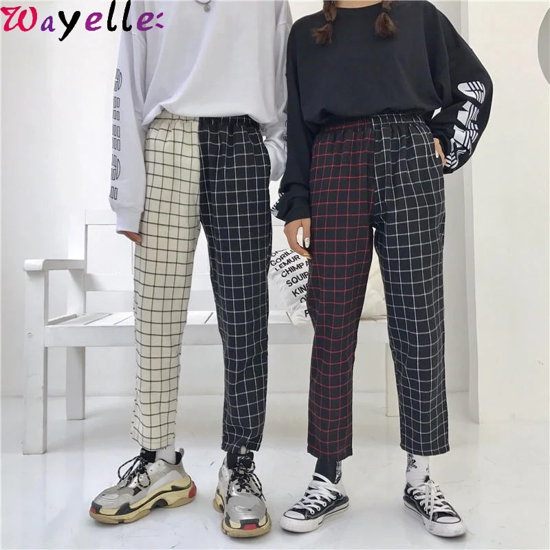 

Vintage Patchwork Pliad Pants Women Harajuku Korean Style Women Trousers Elastics High Waist Pants Straight Pants Female