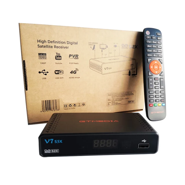 GT Media V7PLUS HD FTA Receptor satelital Free to Air DVB-S2 / T2  Decodificador de satélite de TV Digital Galaxy 19 Integrado con Antena WiFi  USB Full