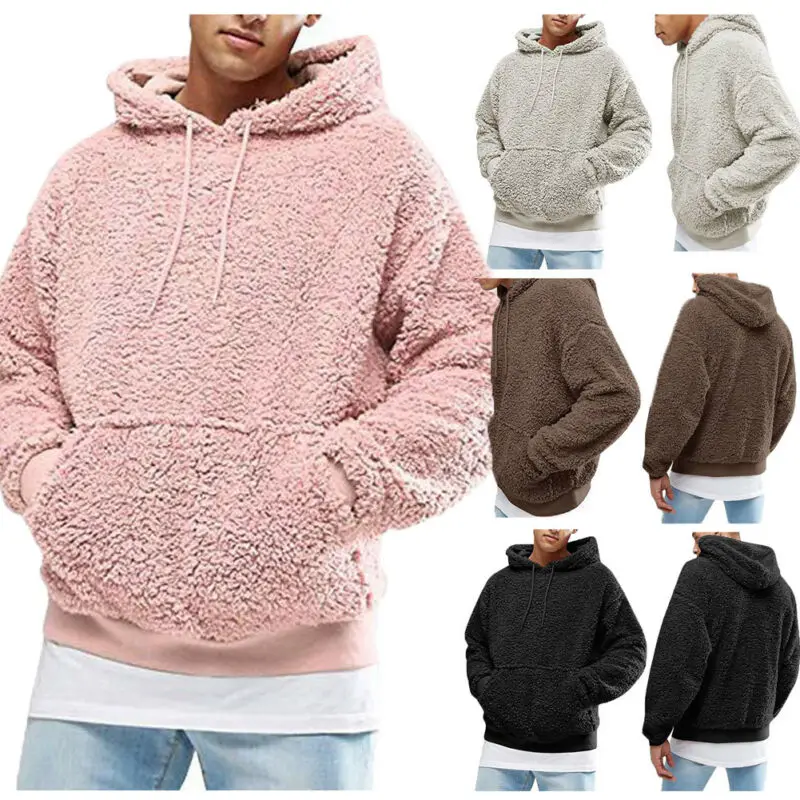Mens Hoodies Sweatshirt Winter Warm Faux Fur Teddy Bear Long Sleeve Hooded Hoodie Tops Pullover Jumper Sweatshirts Men One Piece