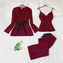 Женский халат и платье, Фланелевая пижама, ночная рубашка с v-образным вырезом, комплект из 3 предметов, длинный рукав и штаны, комплект для сна, женский зимний Удобный домашний костюм