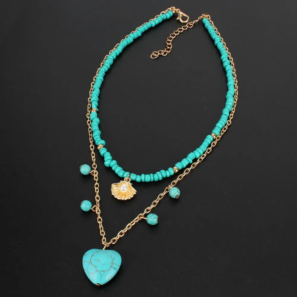 Wgoud Heart Pendant Necklace Bohemian Statement Fashion Two Layer Seed Bead Chains Natural Stone Necklace For Women Gift