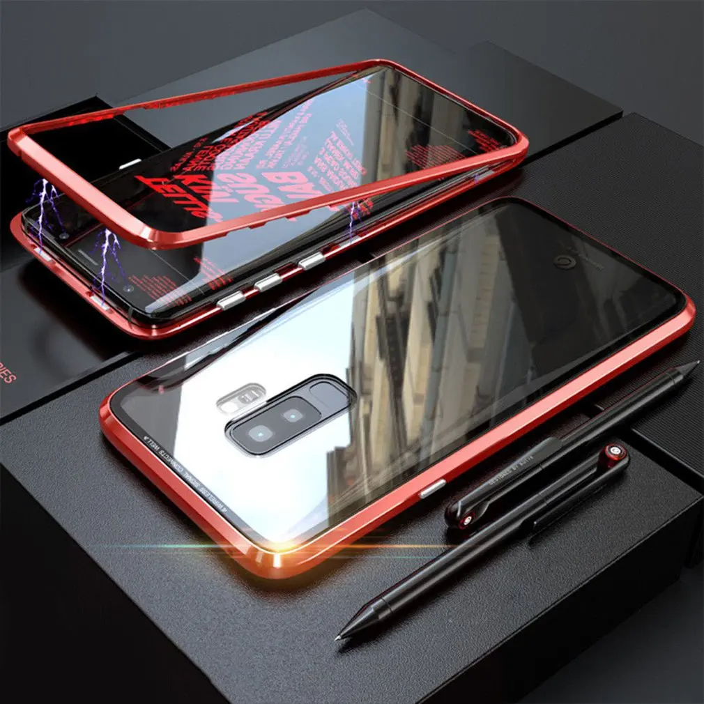 Магнитный адсорбционный флип-чехол для телефона samsung Galaxy S8 S9 Plus Note 8 мобильный чехол для телефона s Coque роскошный Магнитный стеклянный чехол - Цвет: red  black