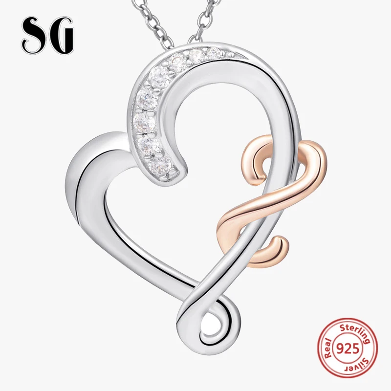 

SG 100% 925 sterling silver hollow Heart pendant necklace with fashion Zircon link chain necklace jewelry for women gifts
