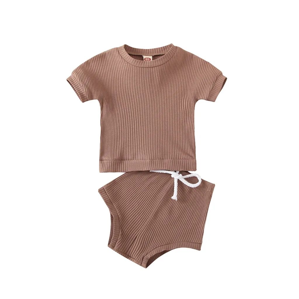 

Baby short sleeve solid color pit strip T-shirt top + shorts suit summer solid color rib knit T-shirt top + shorts suit S4