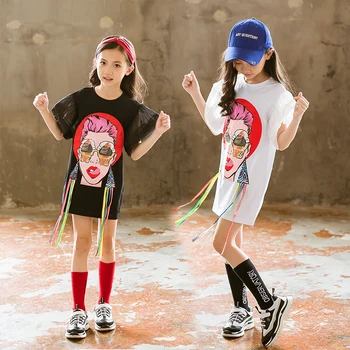 

Kids Dresses for Big Girls Toddler Tassel T-shirt Dress 2020 Summer Children Flare Sleeve Casual Cartoon 4 7 8 9 11 12 13 Years