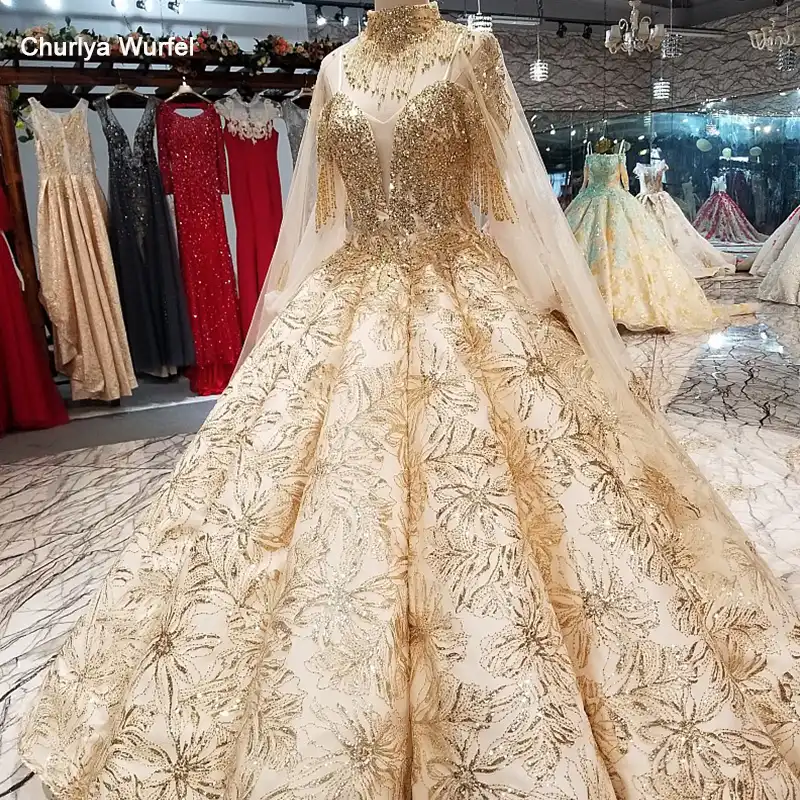 Ls65840 Lujo Encaje Dorado Decorar Vestido De Novia Dubai Sweetheart Vestido De Novia Con Pliegues De Hombro Con Collar Dorado Swanskirt Aliexpress