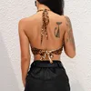 Leopard Printed Sexy Halter Crop Top Women Camis Backless Bandage Lace Up Sequins Metal Ring Tank Top 2022 Party Club Bustier ► Photo 3/6