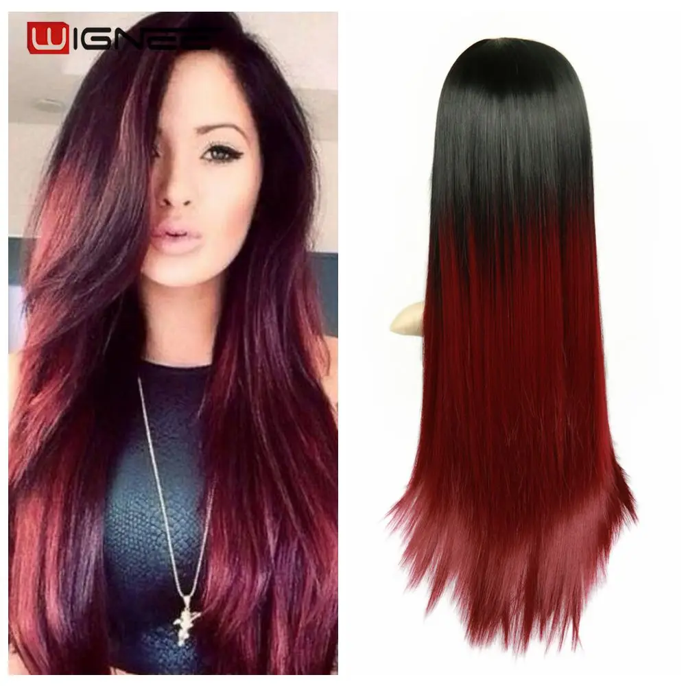 Wignee, длинные прямые волосы, средняя часть, синтетический парик для женщин, Омбре, пепельный блонд/розовый/красный/коричневый/синий, натуральные волосы, женский парик - Цвет: T1B/бордовый