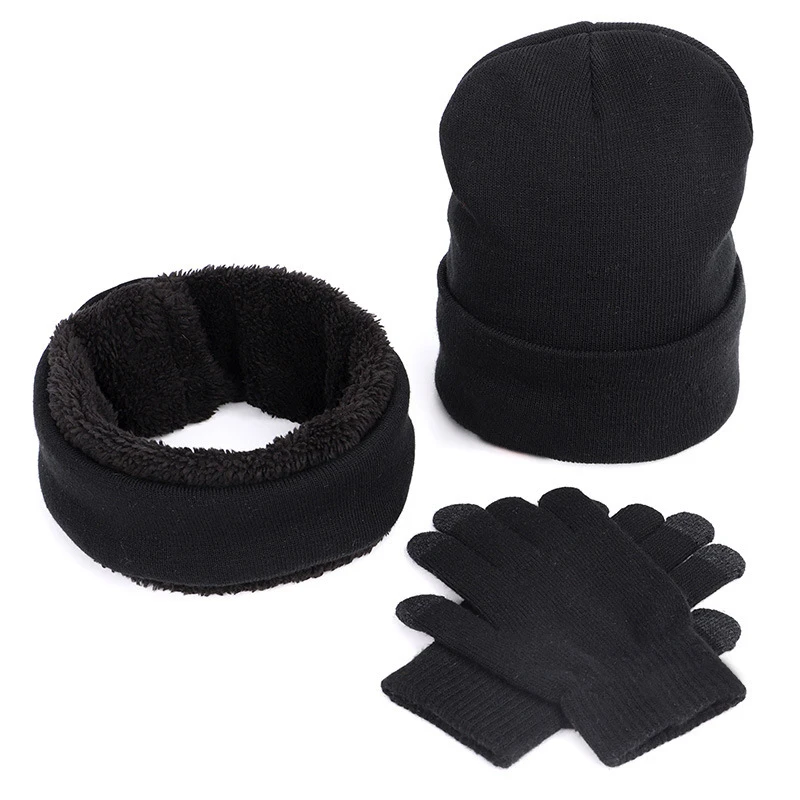 Black Модная мужская зимняя шапка, теплая, толстая, из трех частей, хлопок, плюс бархат, вязаная шапка, шарф, утолщенные перчатки, уличная, лыжная, повседневная, Новинка - Цвет: Black
