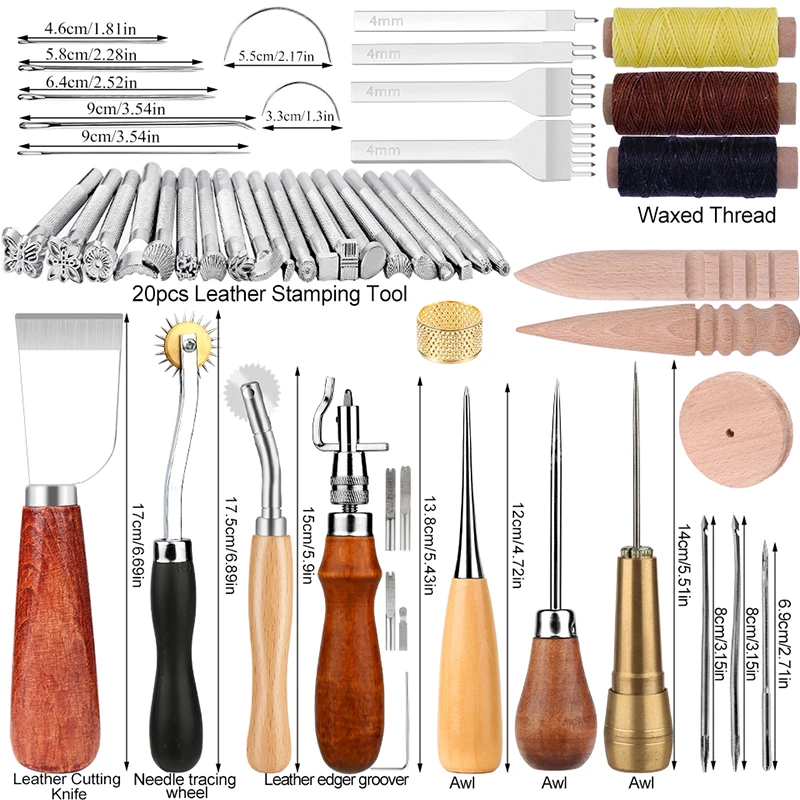 Leather Working Tools Leather Craft Kit and 20 PCS Leather Stamping Tools,  Upholstery Repair Kit with Waxed Thread and Different Shape Saddle for  Carving Leather, Leather Sewing and DIY Craft Making 