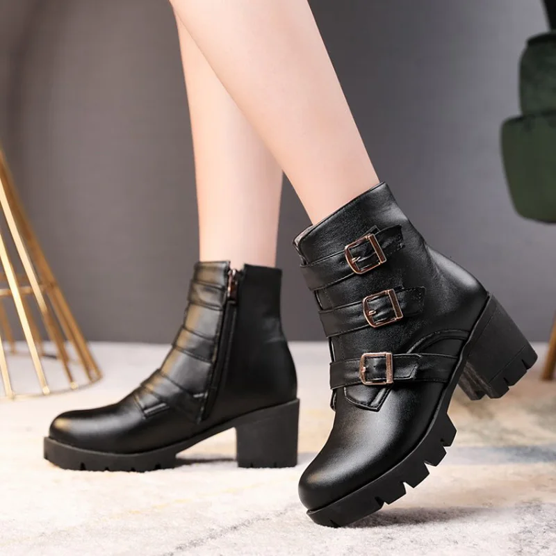 E TOY WORD Autumn and winter platform boots women belt buckle punk boots British style leather Knight boots zipper Martin shoes