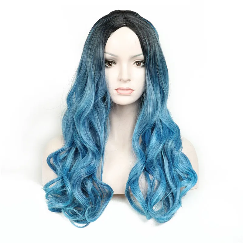 

Blue Long Wave Wigs for Women Synthetic Wig Natural Looking Side Part 150% Density Heat Resistant Fiber for Party & Cosplay