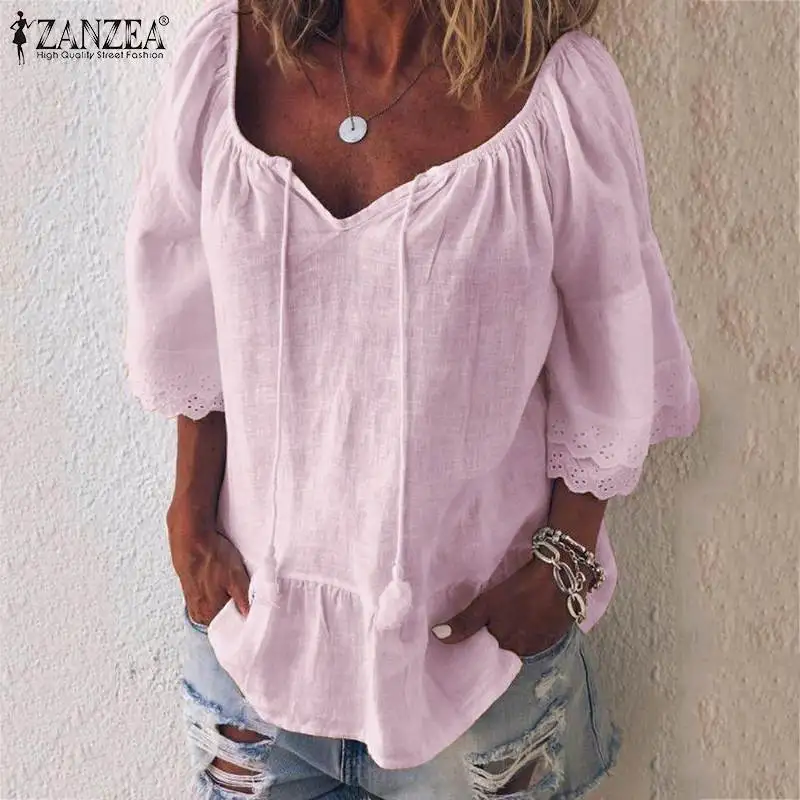 Мода ZANZEA летняя блузка женская с v-образным вырезом кружева Pacthwork Blusas женская рубашка с оборками на рукавах льняная туника Топы открытая сорочка