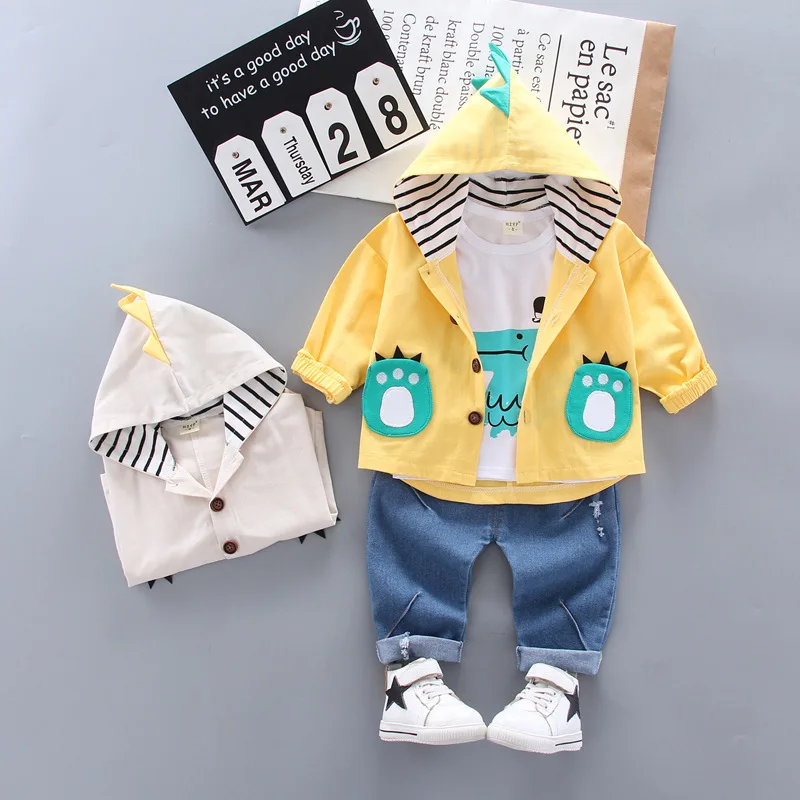 

CHILDREN'S Suit 2020 Spring And Autumn New Style Children BOY'S Cartoon Dinosaur Trench Coat Coat Hoodie Three-piece Set