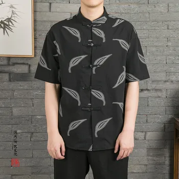 

#0524 Summer White Blue Black Printed Shirt Men Mandarin Collar Short Sleeve Cotton Linen Shirt Slim Fit Vintage Chinese Style